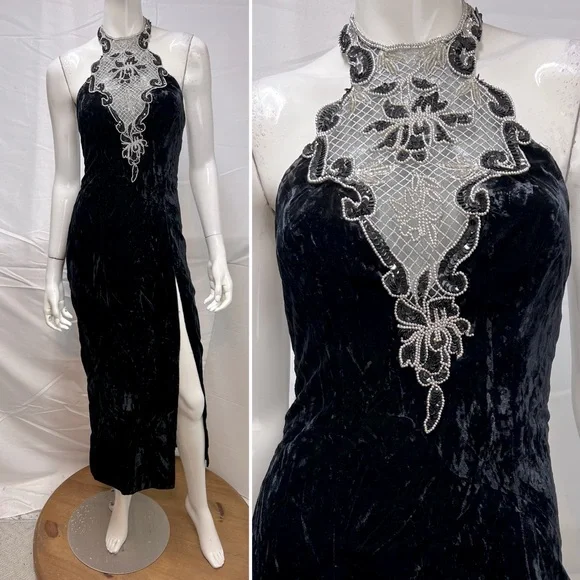 Vintage | Dresses | Zum Zum Vintage Black Velvet 9s Sequins Silver Beaded  Halter Long 56 Dress Xs | Poshmark